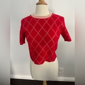 Maje Moderne Rhinestone Quilted Short Sleeve pink Knit Top Sweater Size 3 Large